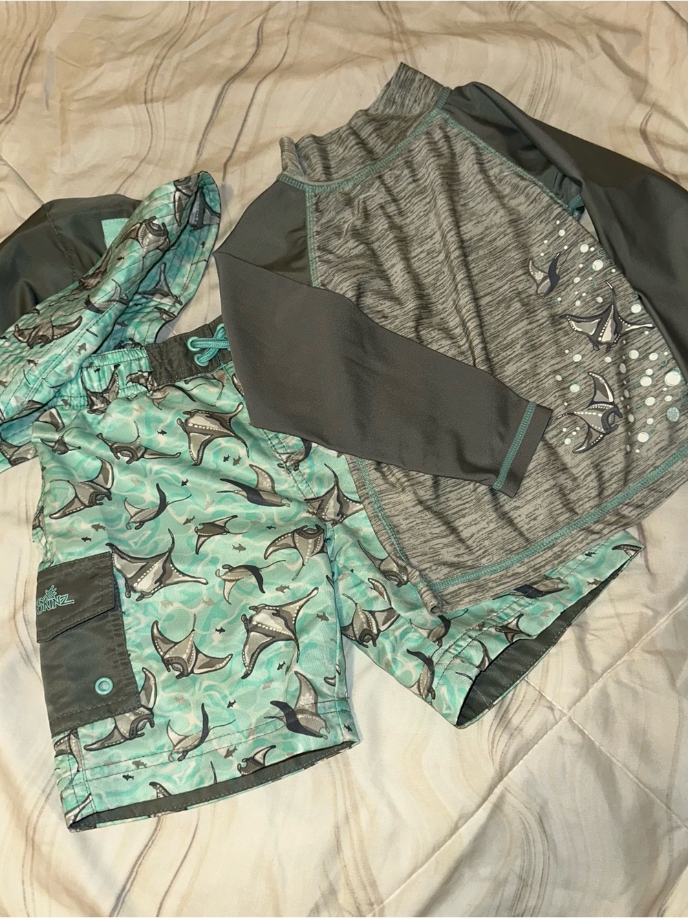 Kids Mint Teal Shark Rashguard Set - Long Sleeve Swim Top & Boardshorts